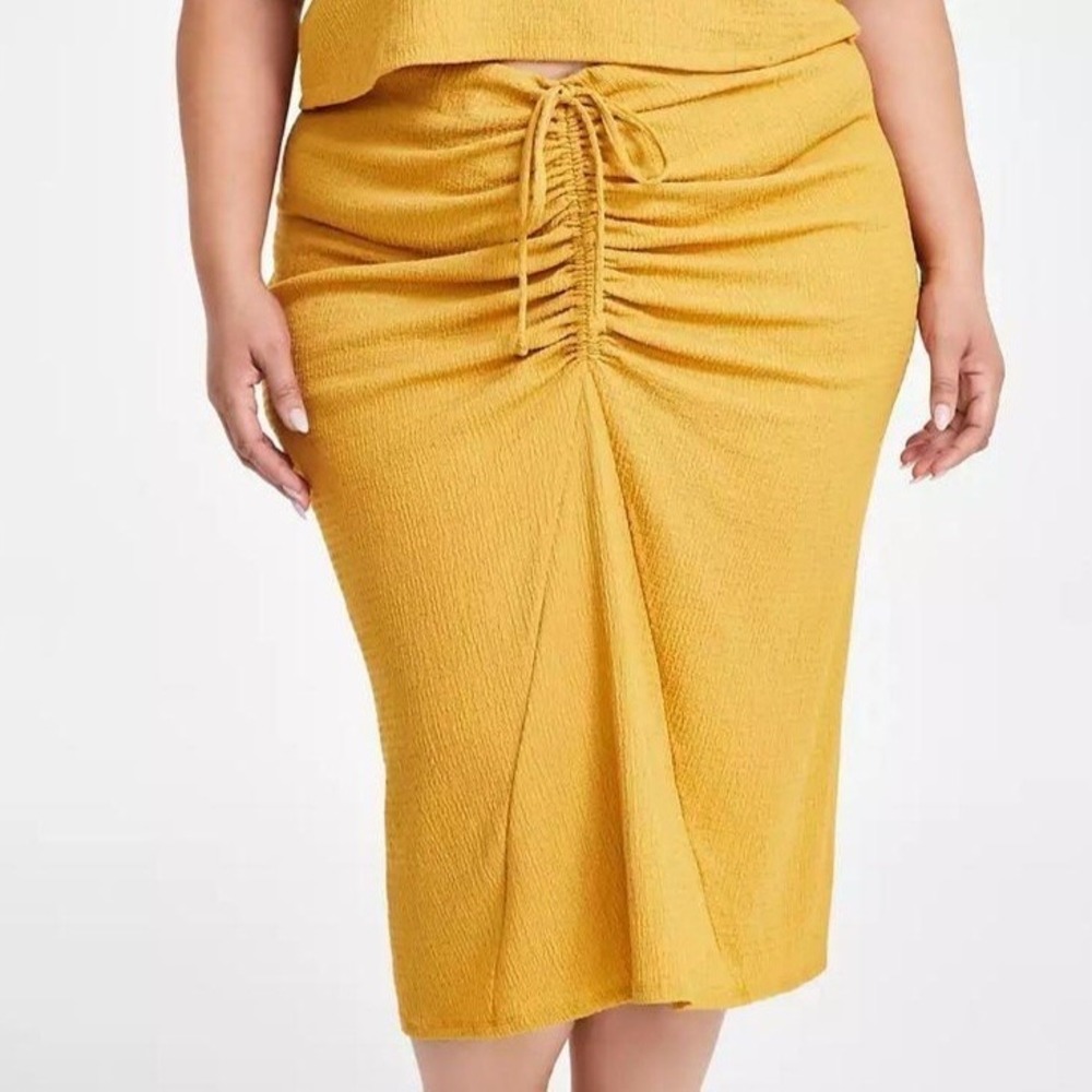 Nina Parker Textured Drawstring Ruched Midi Yellow Skirt Womens Plus 1X NWT